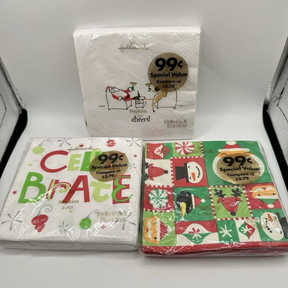 VTG New 2000's Hallmark Christmas Paper Napkins Lot Of 3 Santa Snowman 9x9